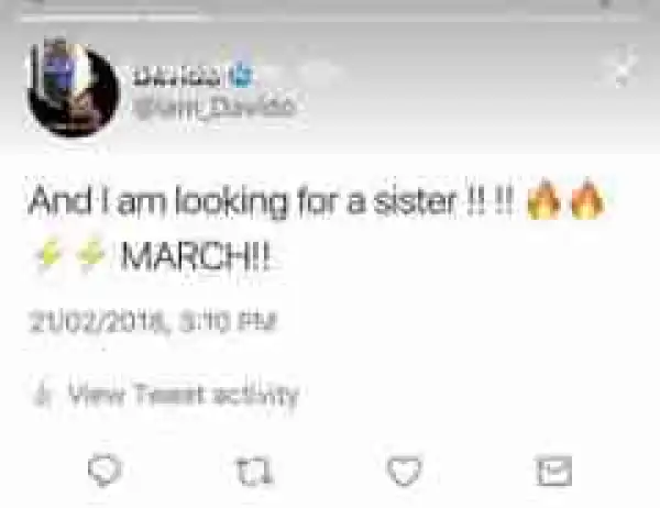 ‘I’m Looking For A Sister’ – Davido Teases Fans About New Song